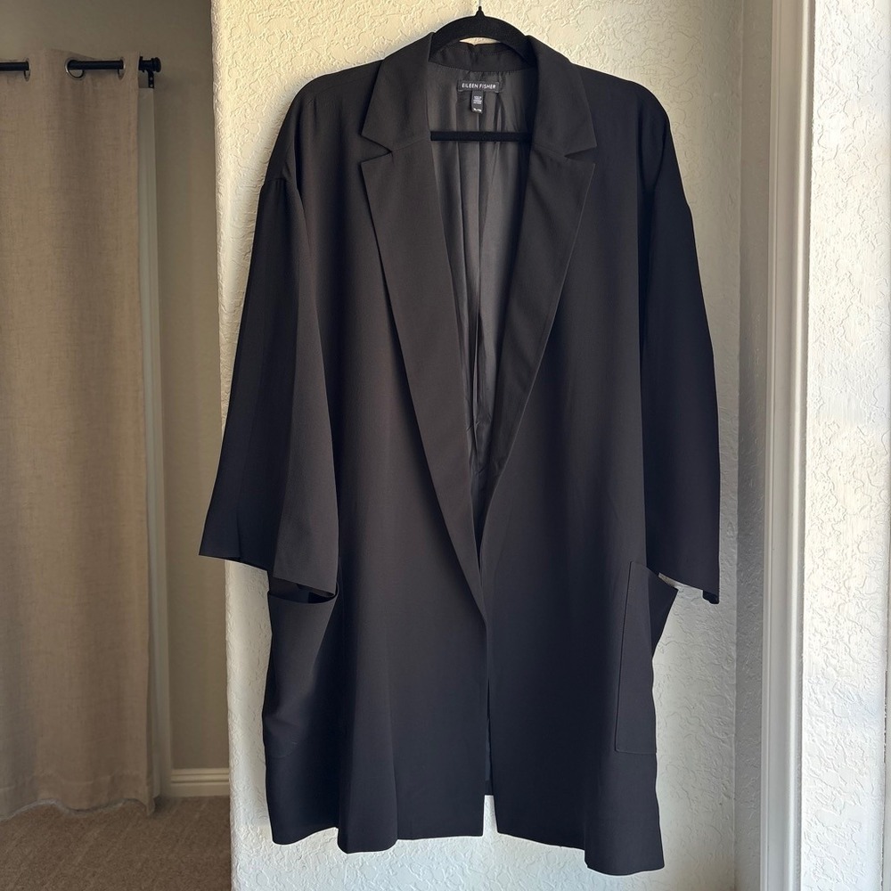 Eileen Fisher Women XL Black Silk Blazer Crepe Georgette Modern Kimono Pocket